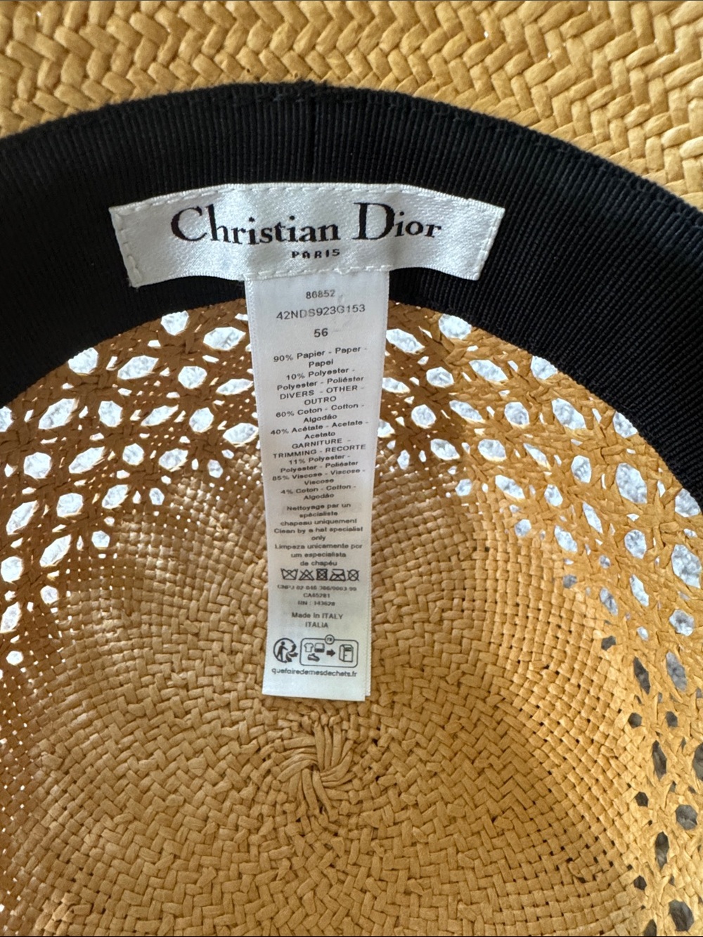 Christian Dior D-Bobby Large Brim Straw Hat with a black embroidered band. - Picture 3 of 5